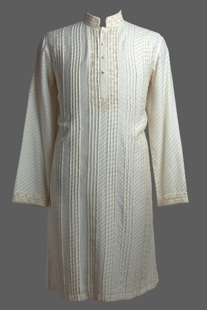 Off-White Banarasi Silk Kurta Set with Hand Embroidery