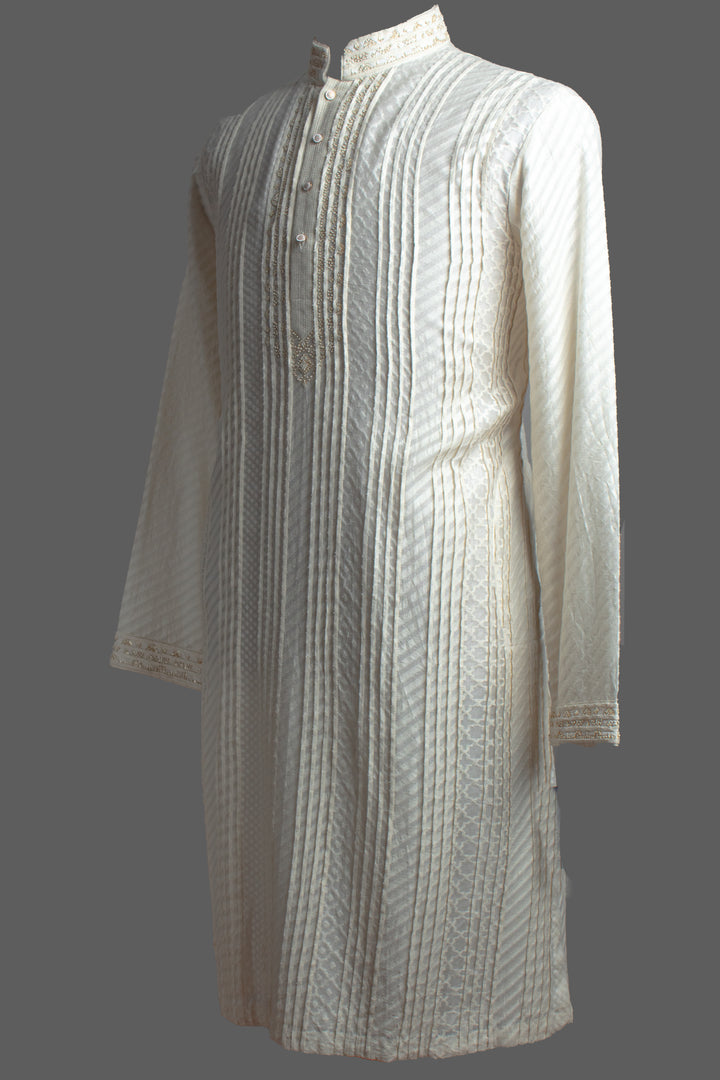 Off-White Banarasi Silk Kurta Set with Hand Embroidery