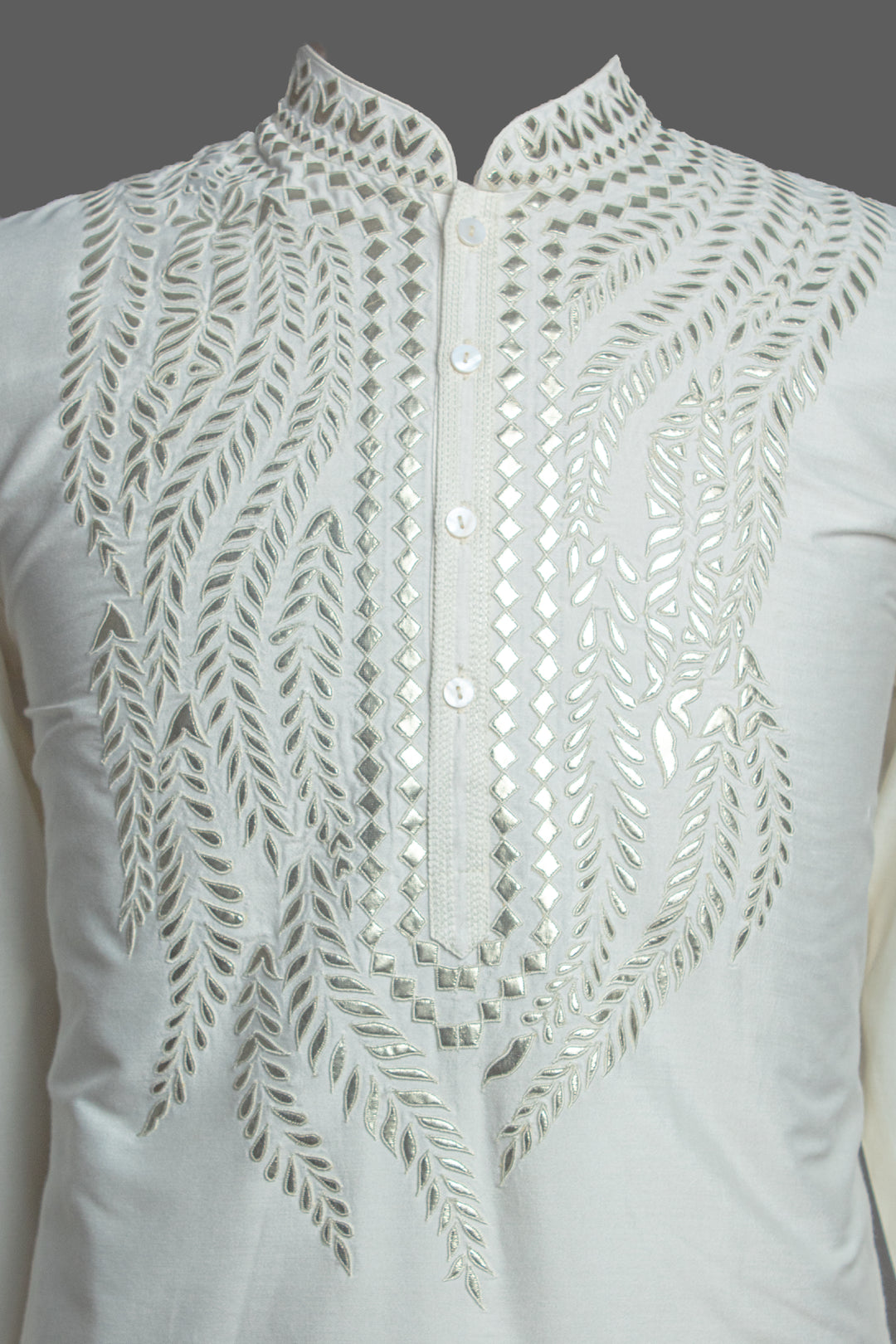 Cream Cotton-Silk Kurta Set with Leather Patch Embroidery