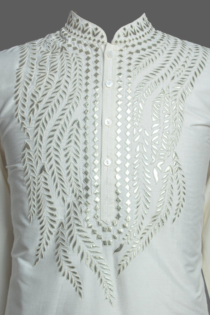 Cream Cotton-Silk Kurta Set with Leather Patch Embroidery