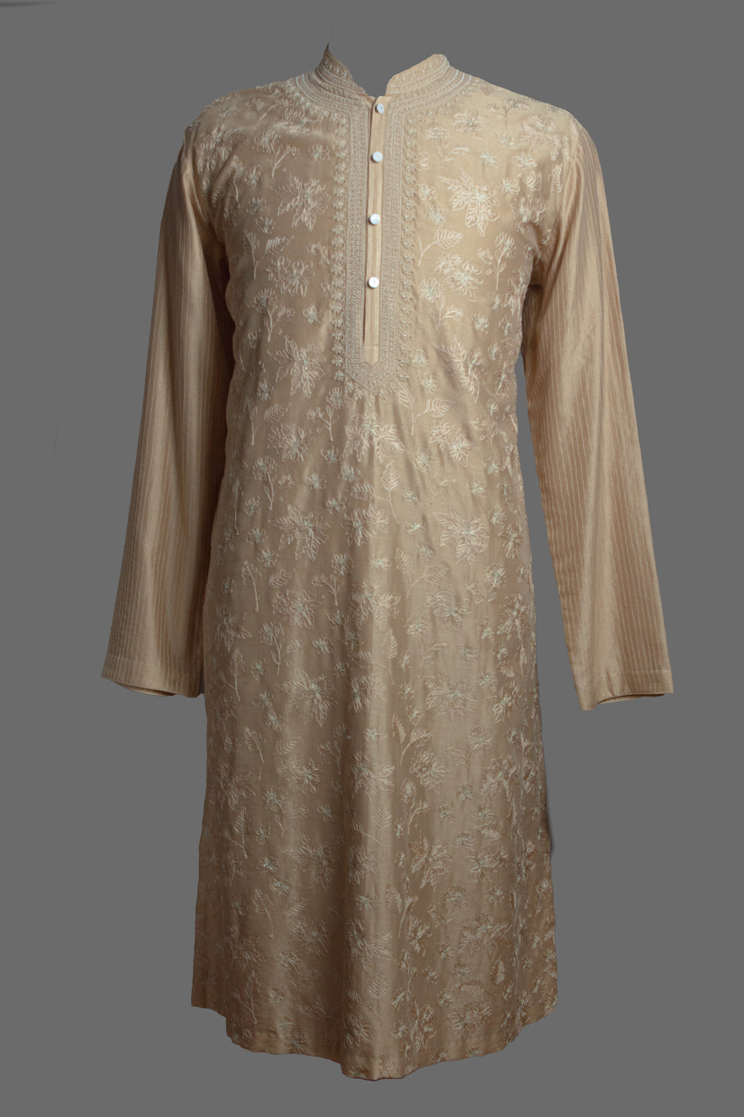 Beige Chanderi Kurta Set with Aari & Hand Embroidery