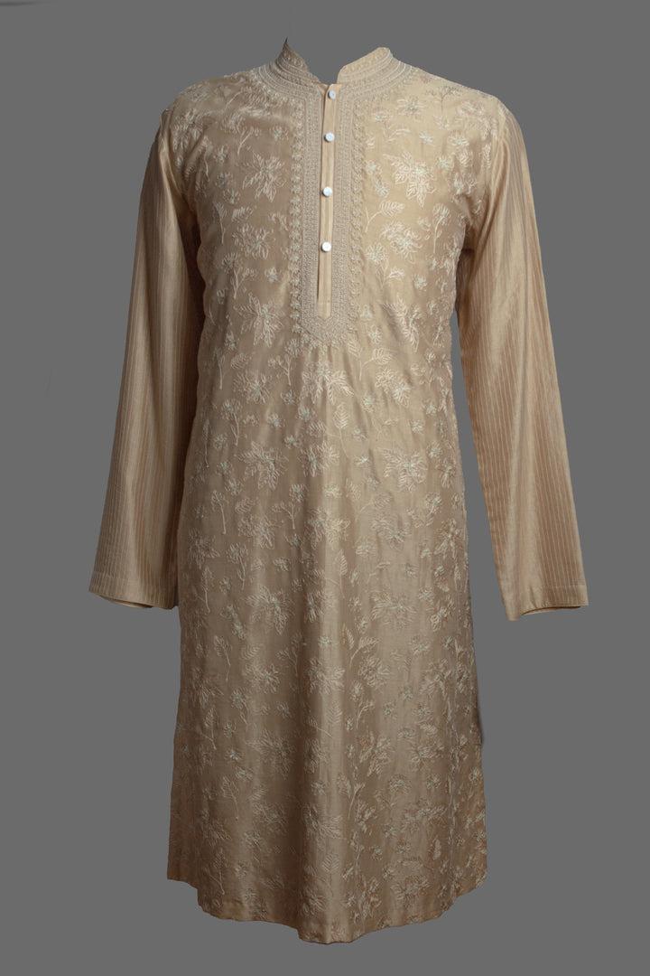 Beige Chanderi Kurta Set with Aari & Hand Embroidery