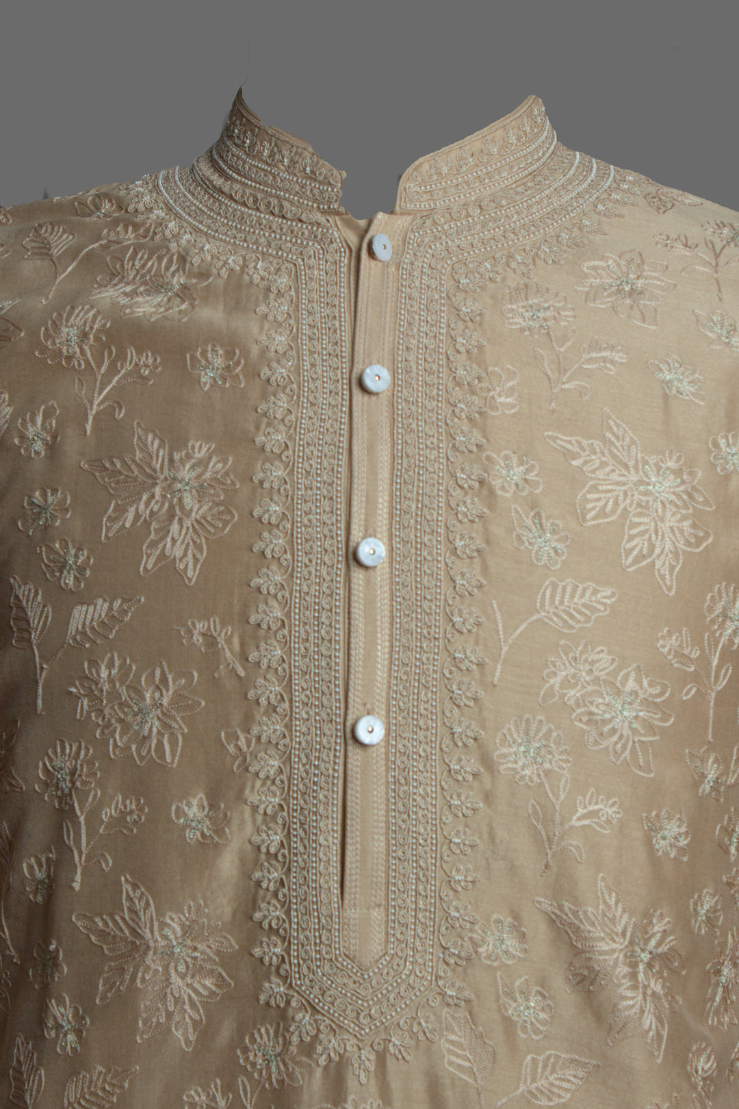 Beige Chanderi Kurta Set with Aari & Hand Embroidery