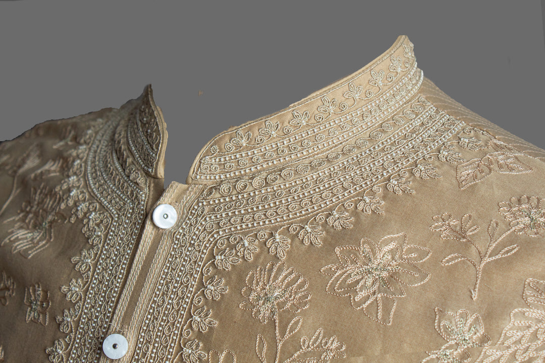 Beige Chanderi Kurta Set with Aari & Hand Embroidery
