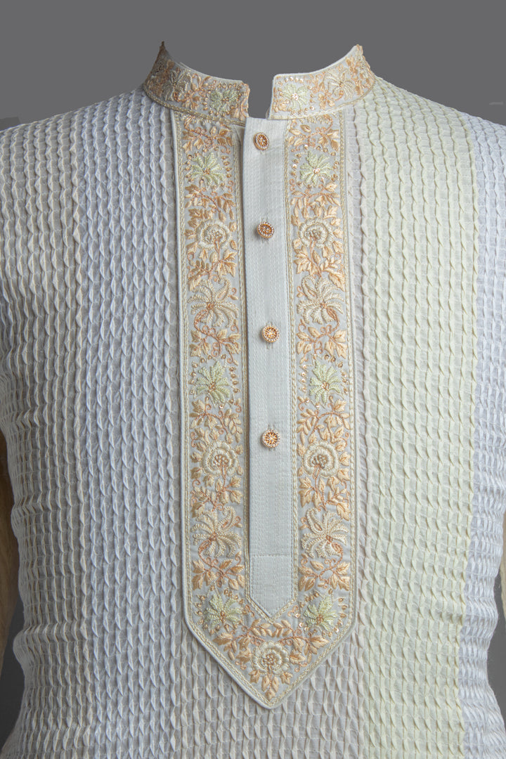 Cream Cotton-Silk Kurta Set with Hand & Machine Embroidery