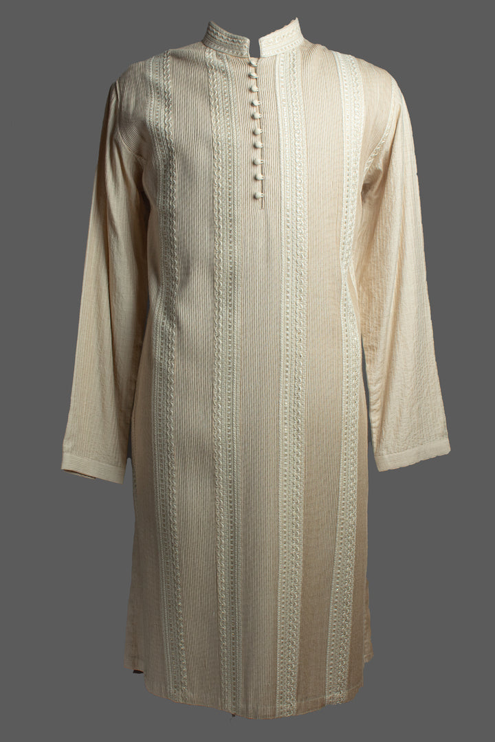 Beige Moonga Silk Kurta Set with Pintuck Detailing & Embroidery