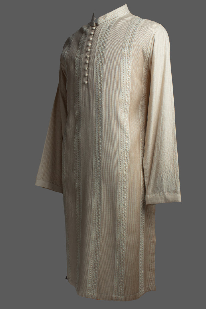 Beige Moonga Silk Kurta Set with Pintuck Detailing & Embroidery