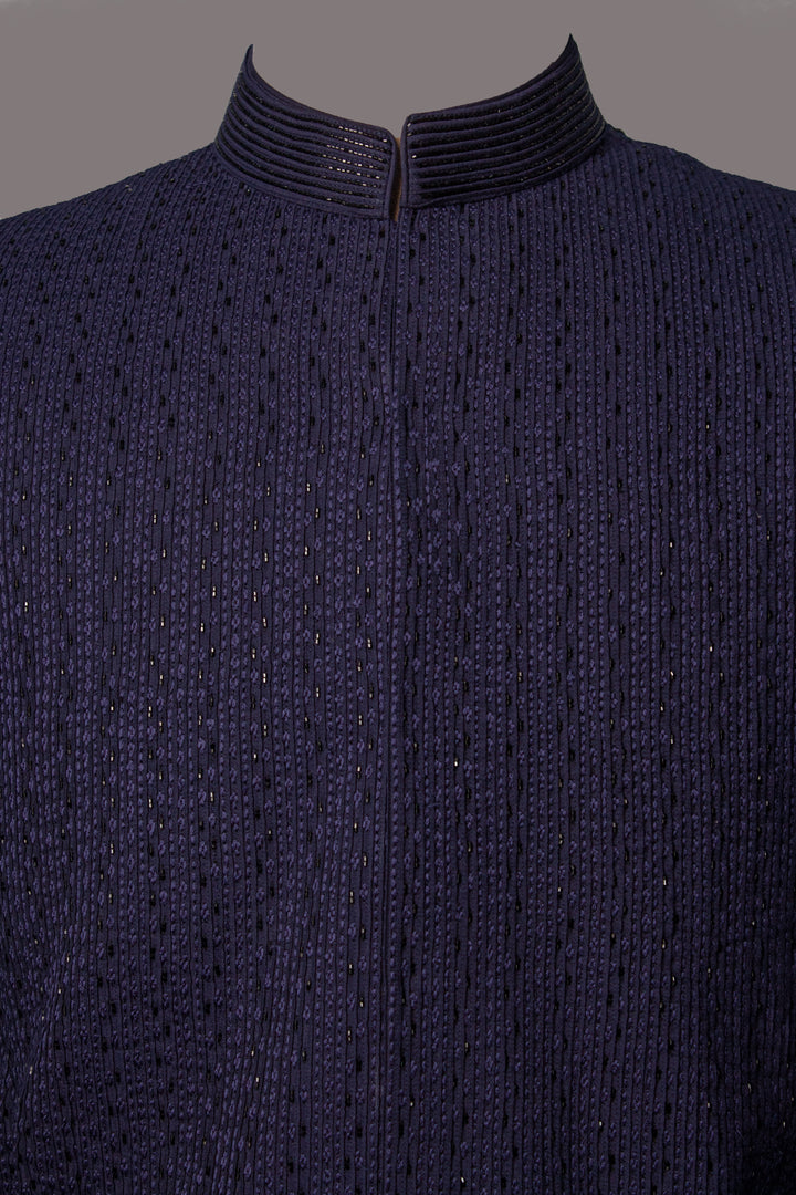 Navy Blue Cotton Silk Bundi for Men | Pintuck &amp; Embroidered Nehru Jacket | Luxury Wedding &amp; Festive Wear