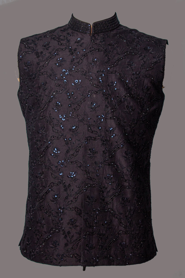 Black Cotton Silk Embroidered Bundi for Men | Designer Nehru Jacket | Festive & Wedding Wear