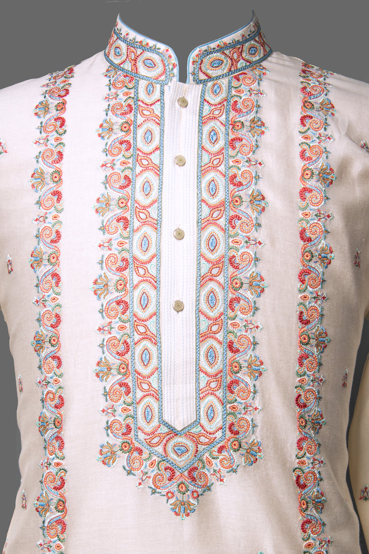 Off-White Chanderi Kurta for Men | Machine Embroidered Designer Kurta | Premium Festive &amp; Wedding Wear