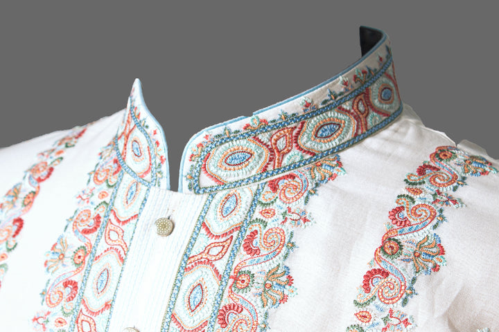 Off-White Chanderi Kurta for Men | Machine Embroidered Designer Kurta | Premium Festive &amp; Wedding Wear