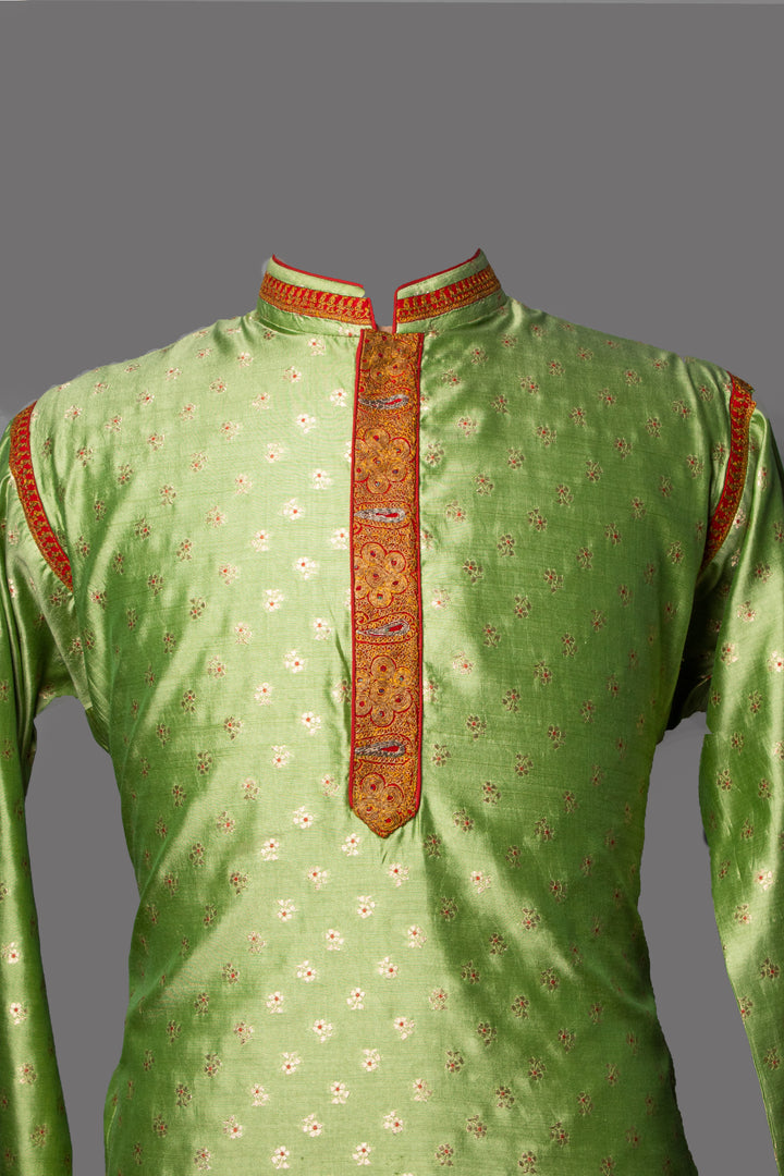 Mint Green Banarasi Silk Kurta for Men | Hand Embroidered Designer Kurta | Luxury Wedding &amp; Festive Wear