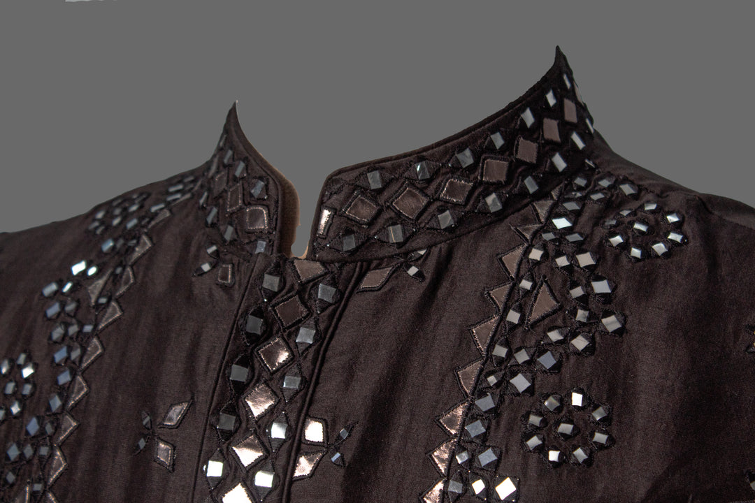 Black Kurta Set with Leather & Mirror Embroidery Detailing