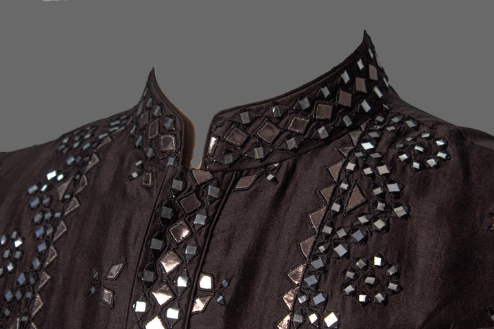Black Kurta Set with Leather & Mirror Embroidery Detailing