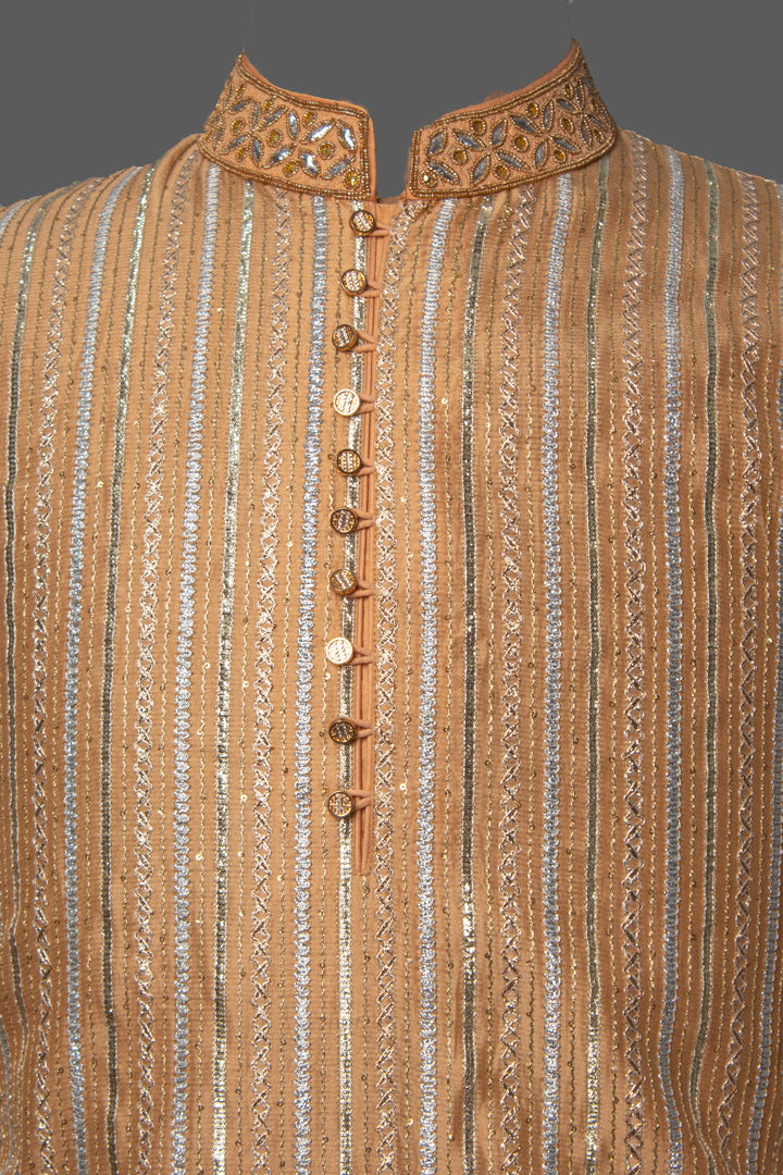 Peach Chanderi Kurta Set with Gota Lines & Hand Embroidery