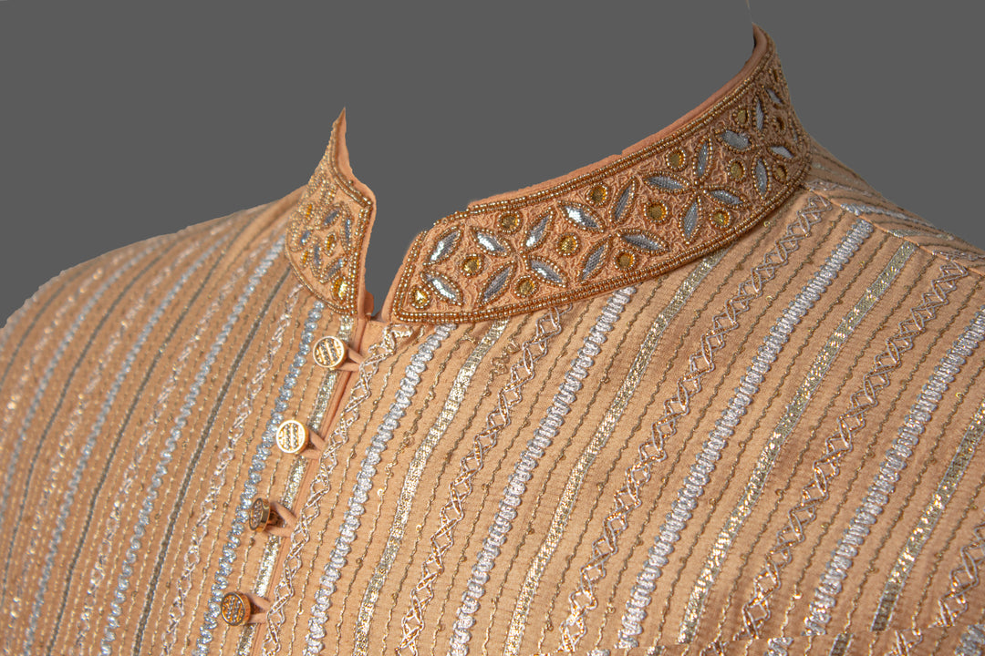 Peach Chanderi Kurta Set with Gota Lines & Hand Embroidery