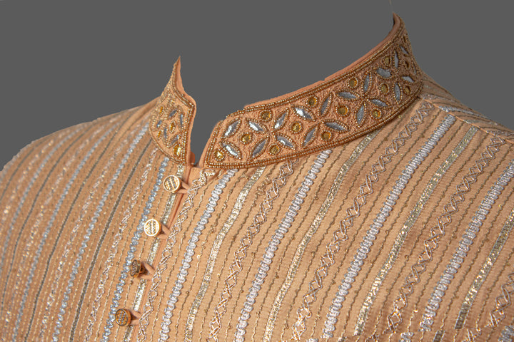 Peach Chanderi Kurta Set with Gota Lines & Hand Embroidery