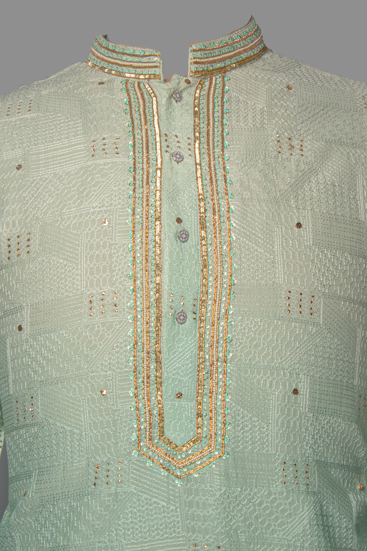 Aqua Shaded Chanderi Kurta Set with Hand Embroidery