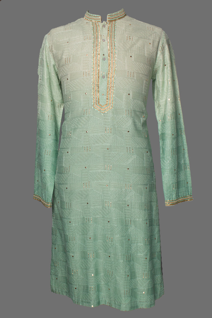 Aqua Shaded Chanderi Kurta Set with Hand Embroidery