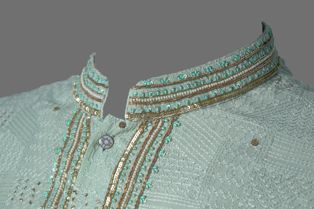 Aqua Shaded Chanderi Kurta Set with Hand Embroidery