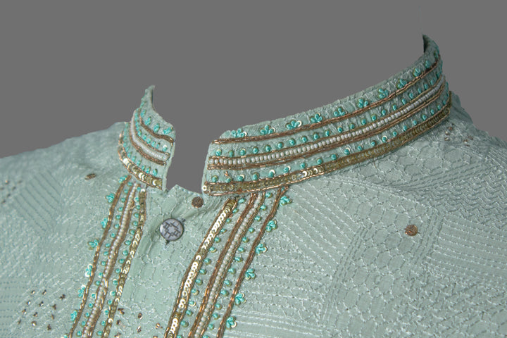 Aqua Shaded Chanderi Kurta Set with Hand Embroidery