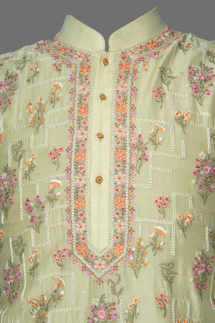 Yellow Chanderi Kurta Set with All-Over Booti Embroidery