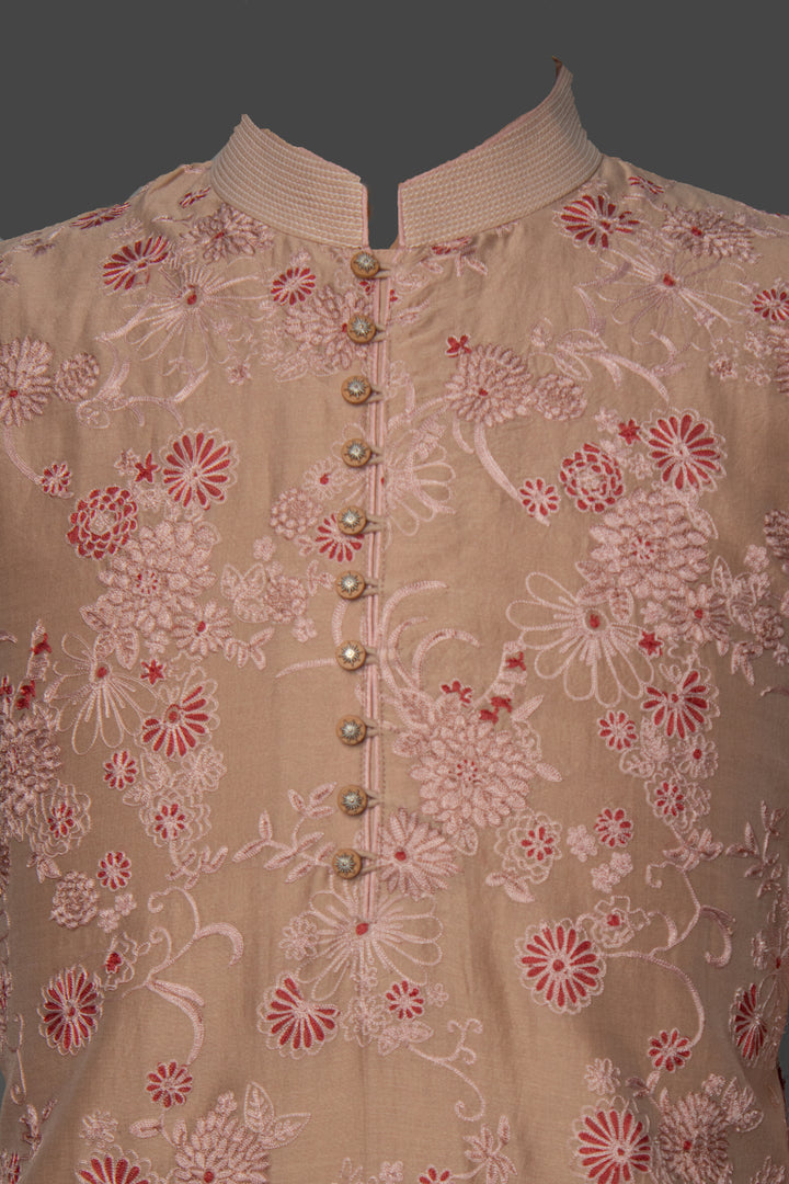 Beige Chanderi Kurta Set with Aari Embroidery