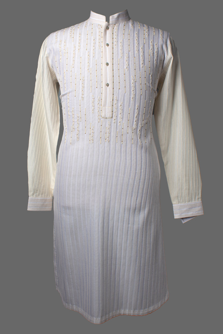 Off-White Cotton Silk Kurta for Men | Hand & Machine Embroidered Pintuck Designer Kurta | Premium Wedding & Festive Wear