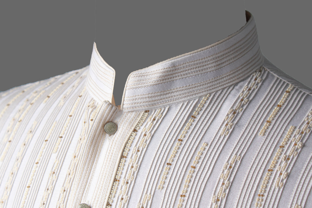 Off-White Cotton Silk Kurta for Men | Hand & Machine Embroidered Pintuck Designer Kurta | Premium Wedding & Festive Wear