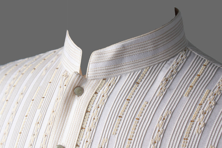 Off-White Cotton Silk Kurta for Men | Hand & Machine Embroidered Pintuck Designer Kurta | Premium Wedding & Festive Wear