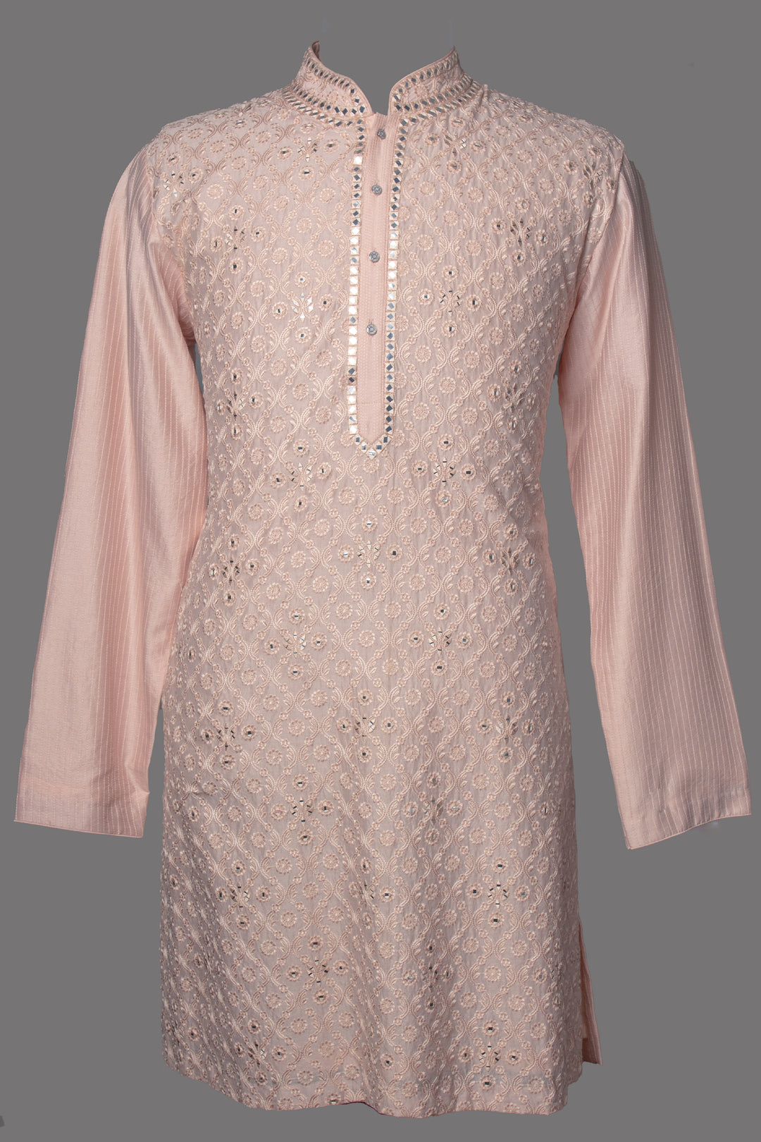 Pink Chanderi Kurta Set with Machine & Mirror Embroidery