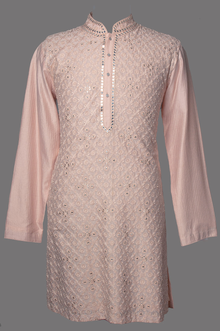 Pink Chanderi Kurta Set with Machine & Mirror Embroidery