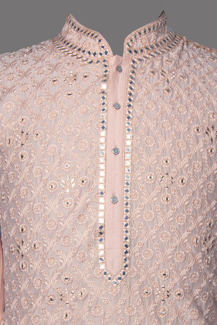 Pink Chanderi Kurta Set with Machine & Mirror Embroidery