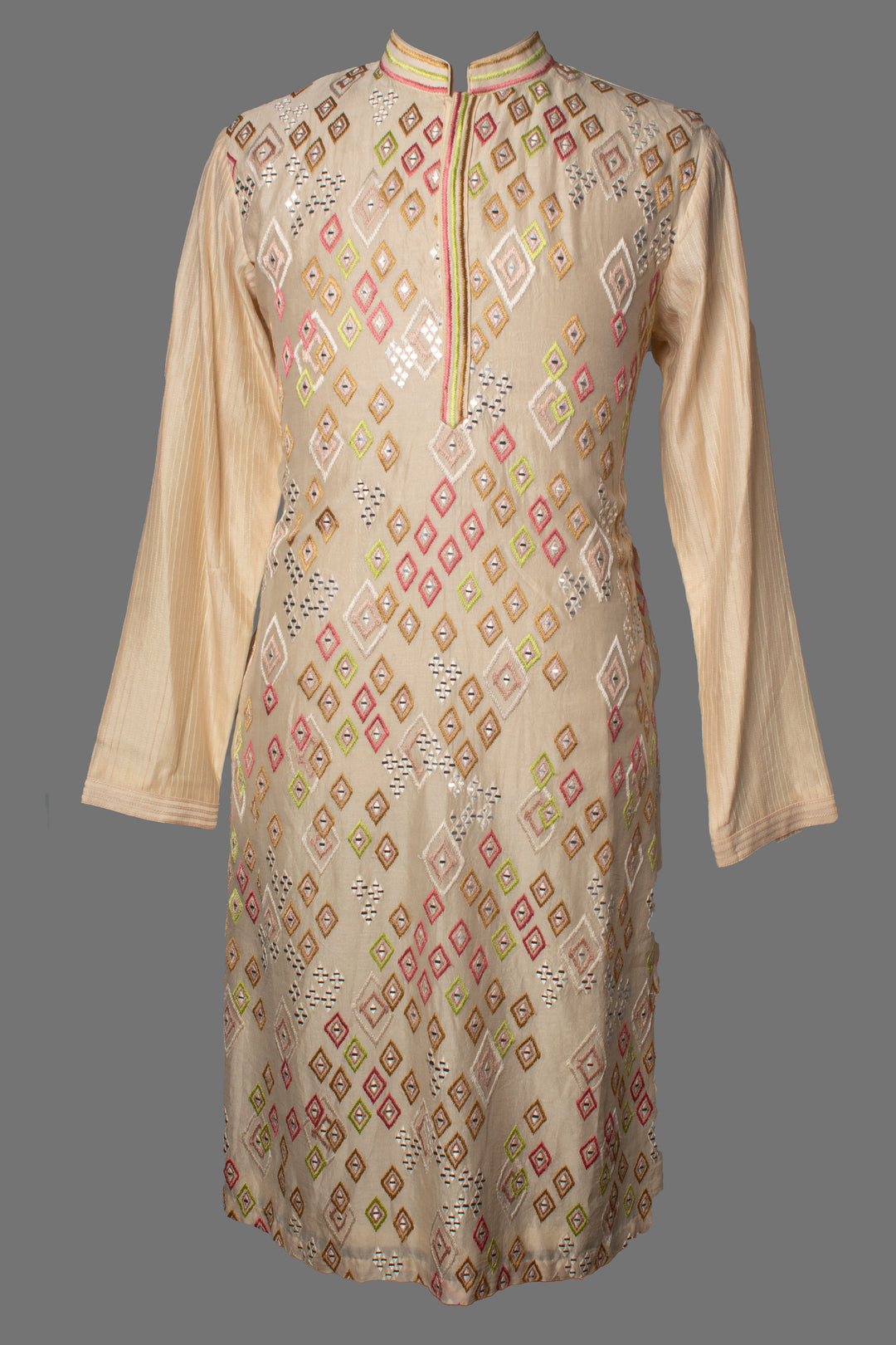 Beige Kurta Set with Mirror & Colorful Thread Embroidery