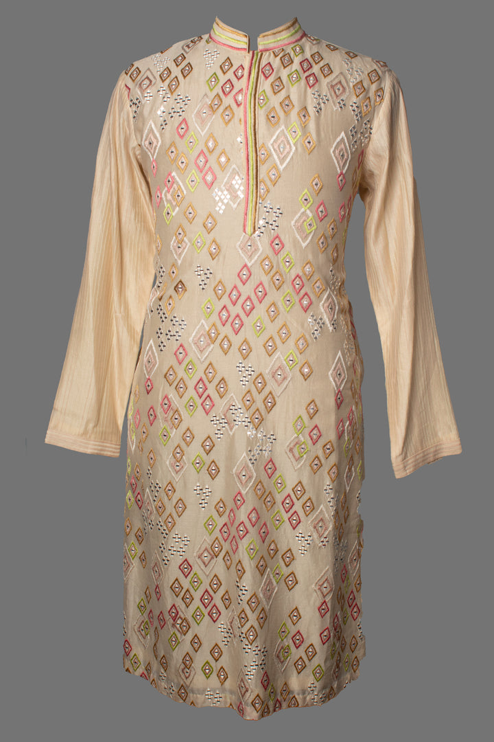 Beige Kurta Set with Mirror & Colorful Thread Embroidery