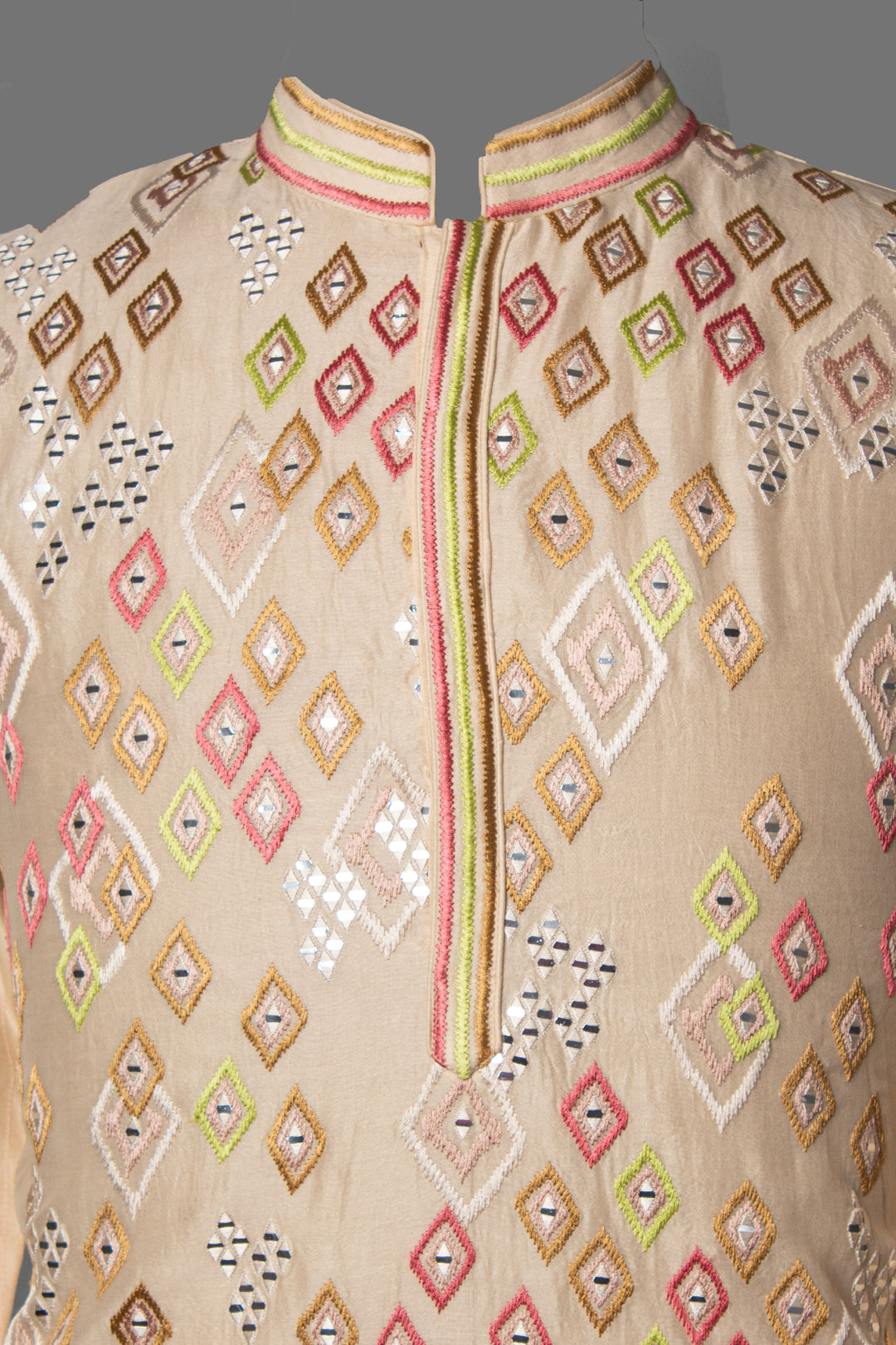 Beige Kurta Set with Mirror & Colorful Thread Embroidery