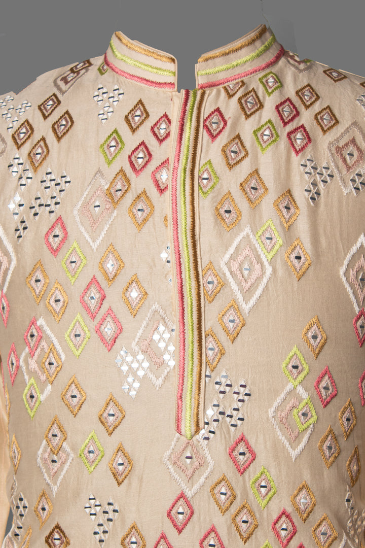 Beige Kurta Set with Mirror & Colorful Thread Embroidery