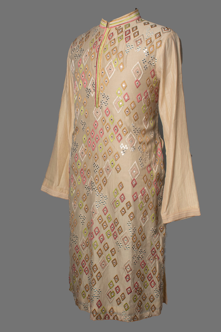 Beige Kurta Set with Mirror & Colorful Thread Embroidery