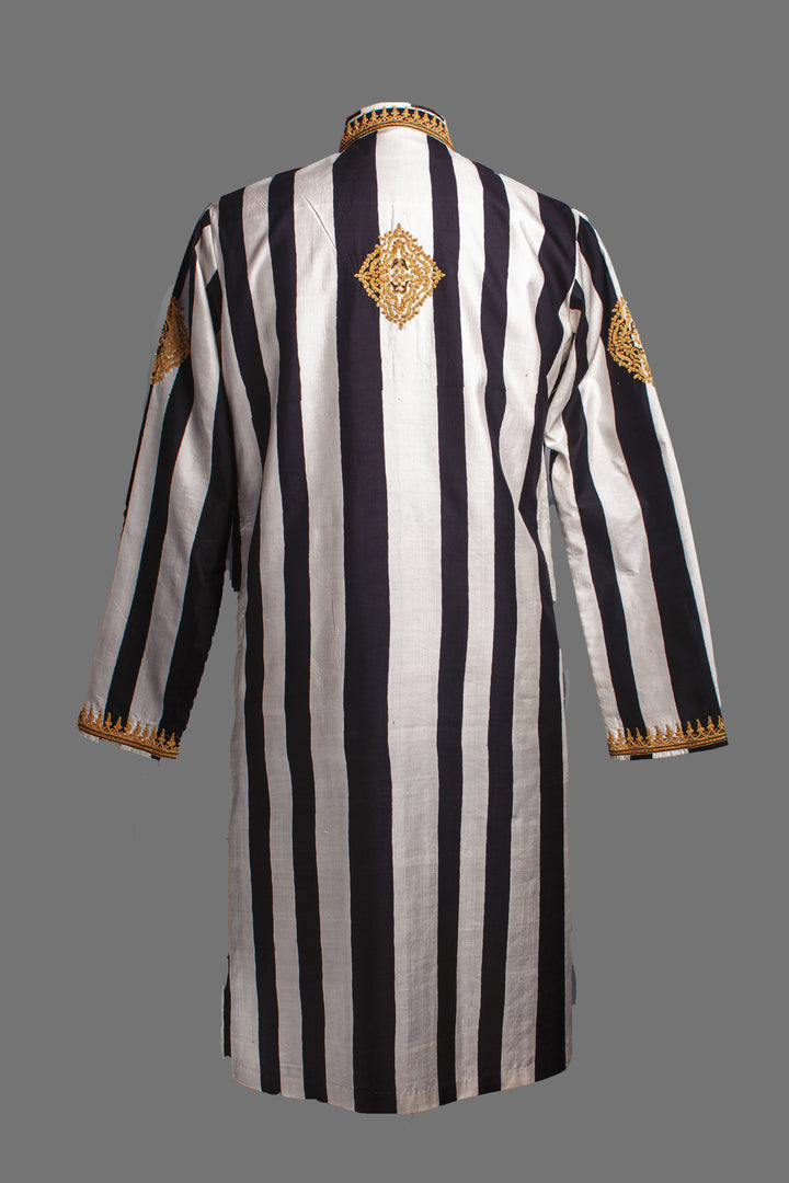 Black & White Printed Silk Kurta Set with Hand & Dori Embroidery