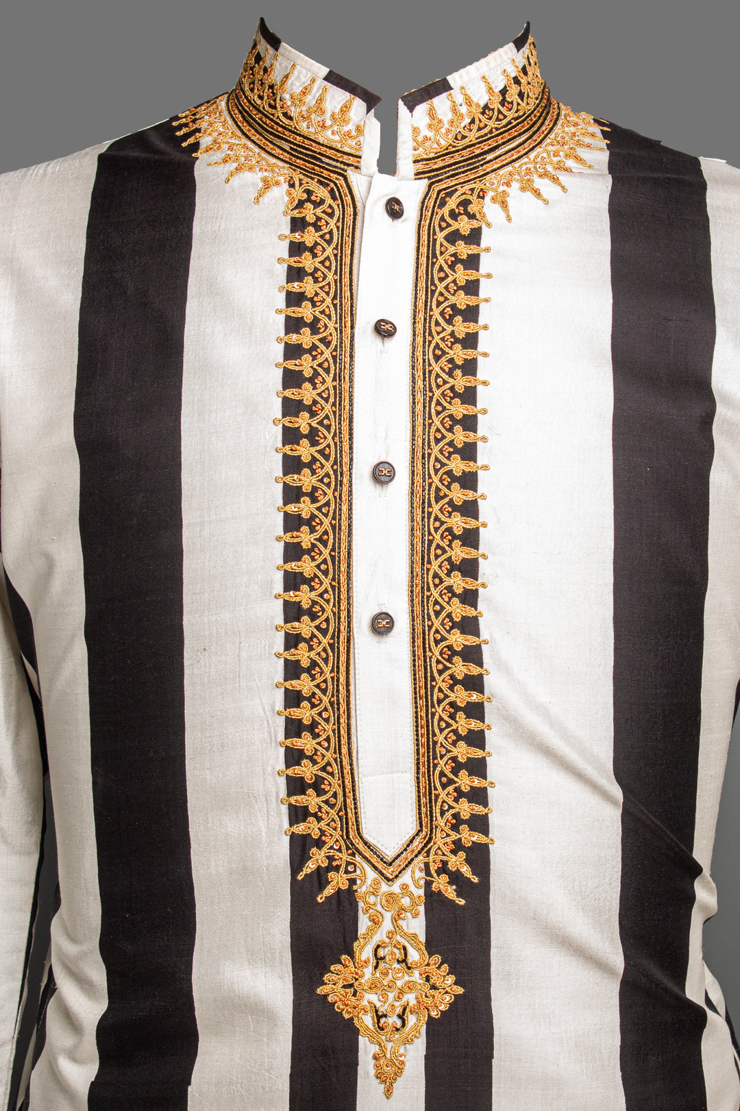 Black & White Printed Silk Kurta Set with Hand & Dori Embroidery