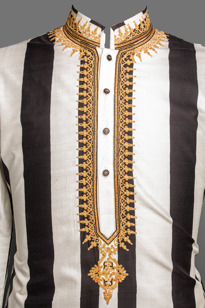 Black & White Printed Silk Kurta Set with Hand & Dori Embroidery
