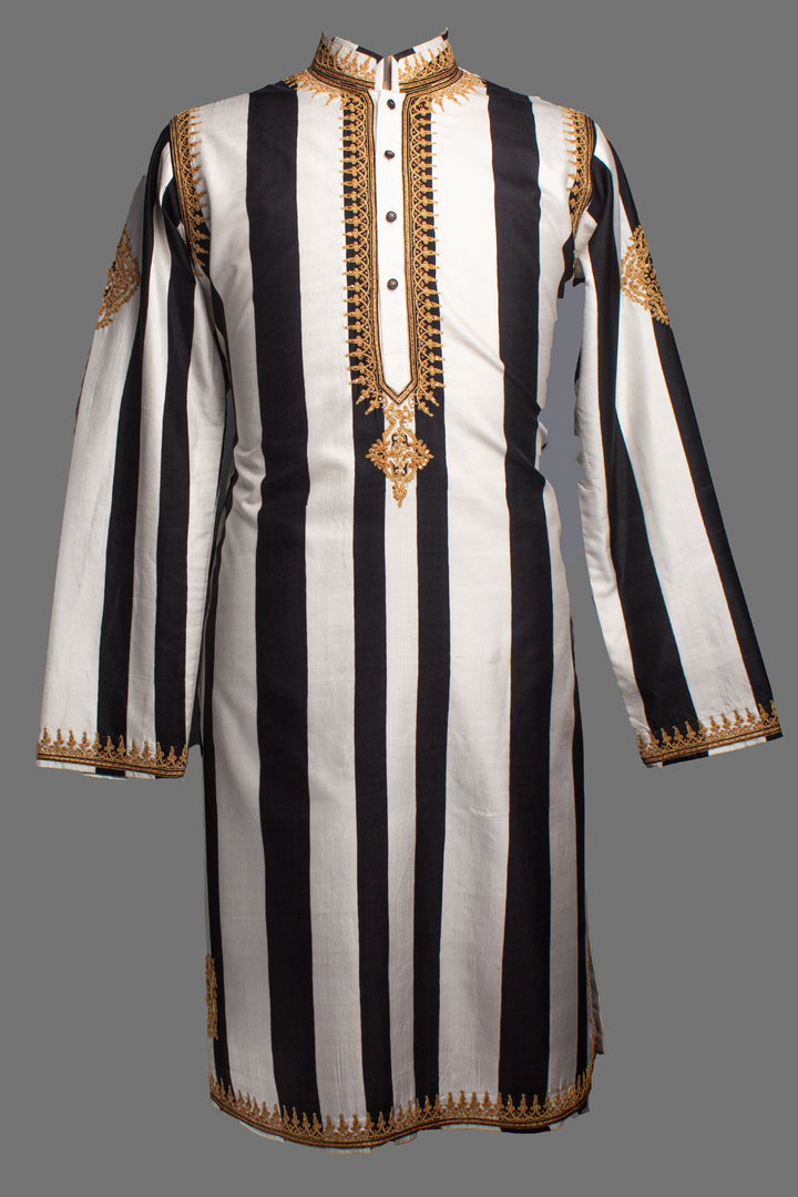 Black & White Printed Silk Kurta Set with Hand & Dori Embroidery