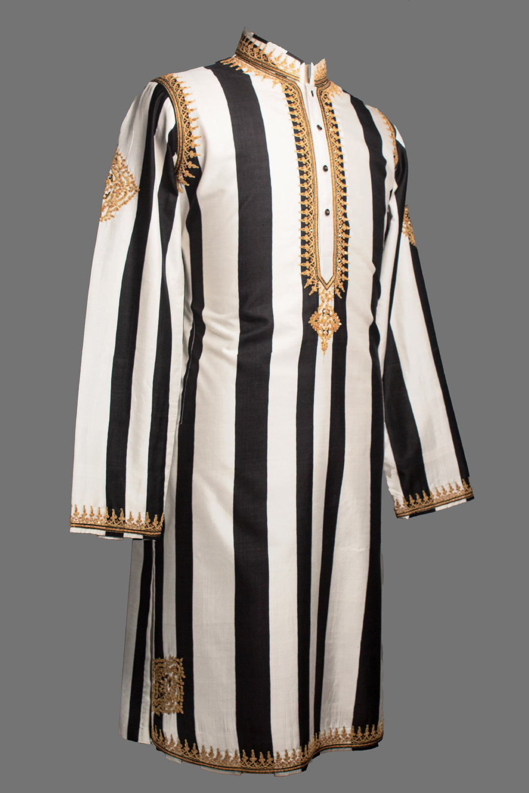 Black & White Printed Silk Kurta Set with Hand & Dori Embroidery
