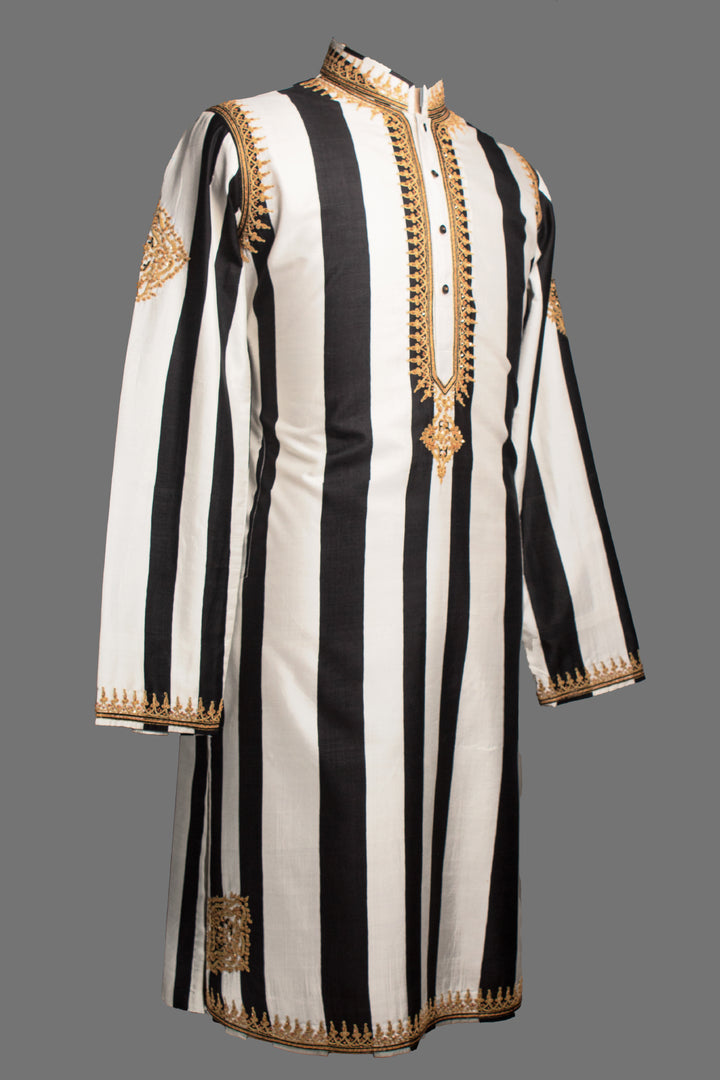 Black & White Printed Silk Kurta Set with Hand & Dori Embroidery