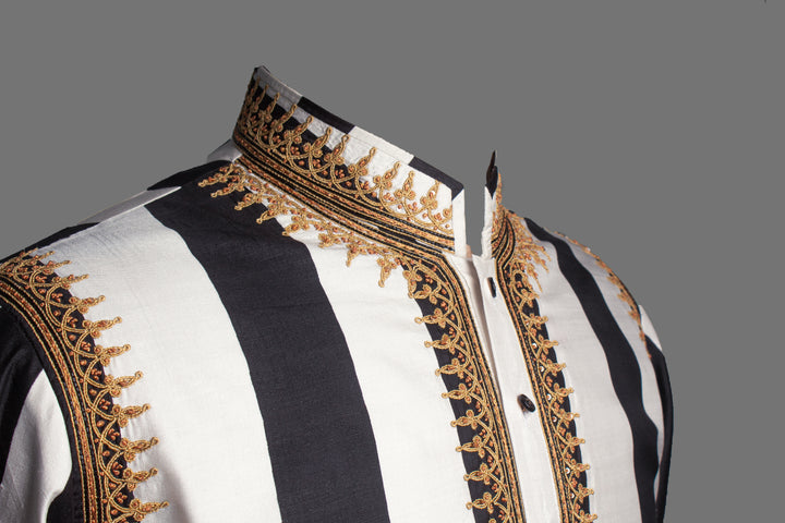 Black & White Printed Silk Kurta Set with Hand & Dori Embroidery