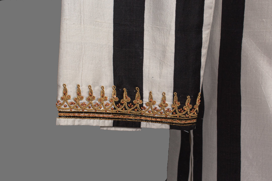 Black & White Printed Silk Kurta Set with Hand & Dori Embroidery