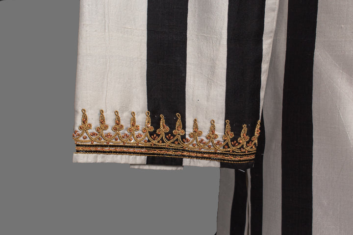 Black & White Printed Silk Kurta Set with Hand & Dori Embroidery