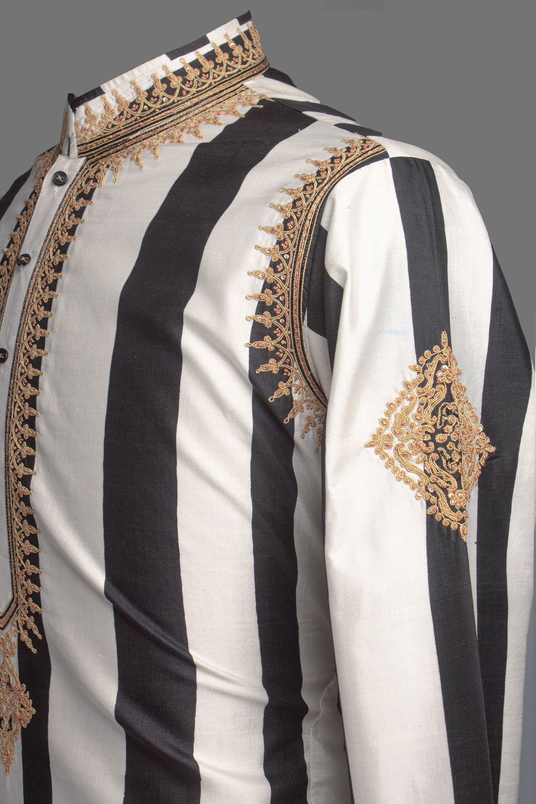 Black & White Printed Silk Kurta Set with Hand & Dori Embroidery
