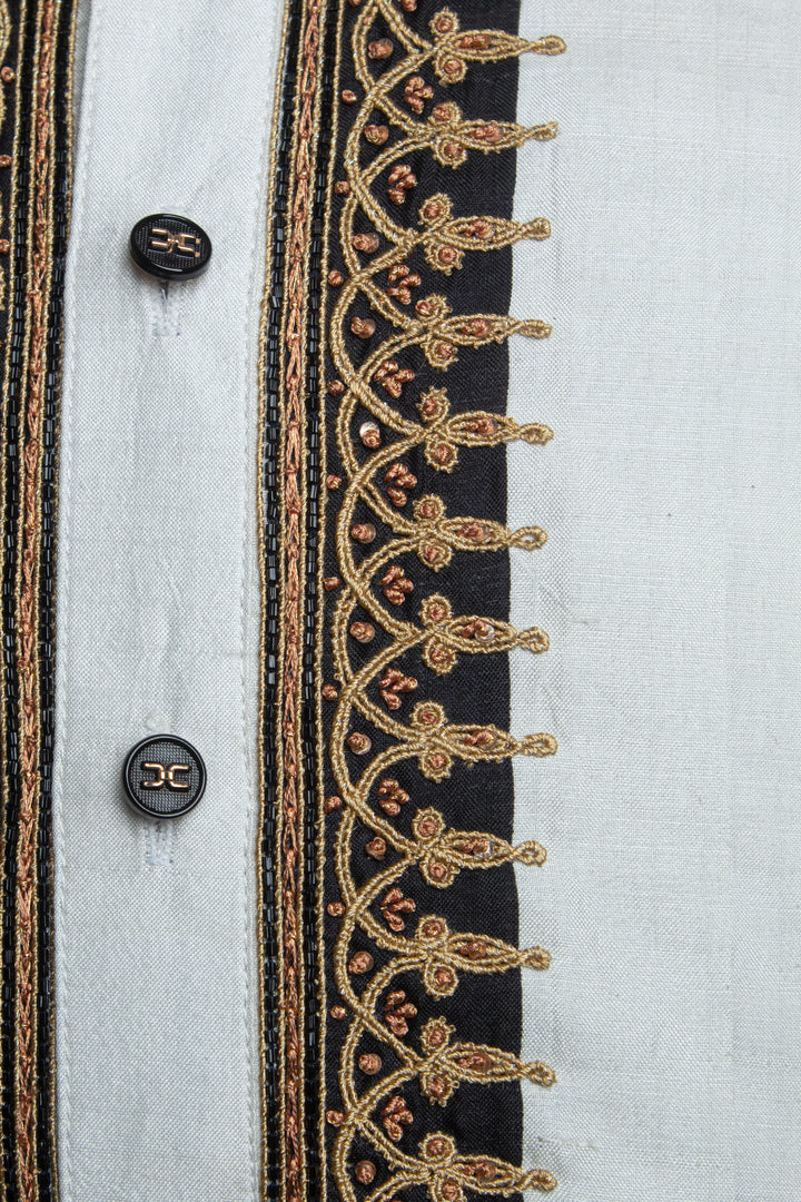 Black & White Printed Silk Kurta Set with Hand & Dori Embroidery