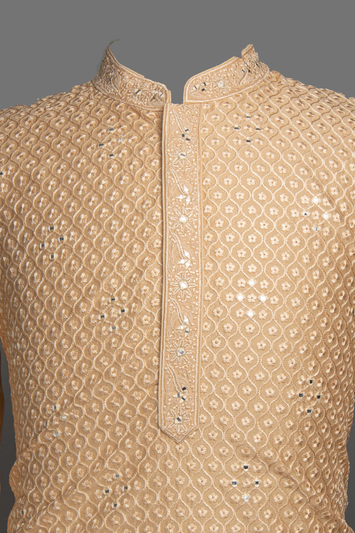 Peach Chanderi Kurta Set with Machine & Mirror Embroidery
